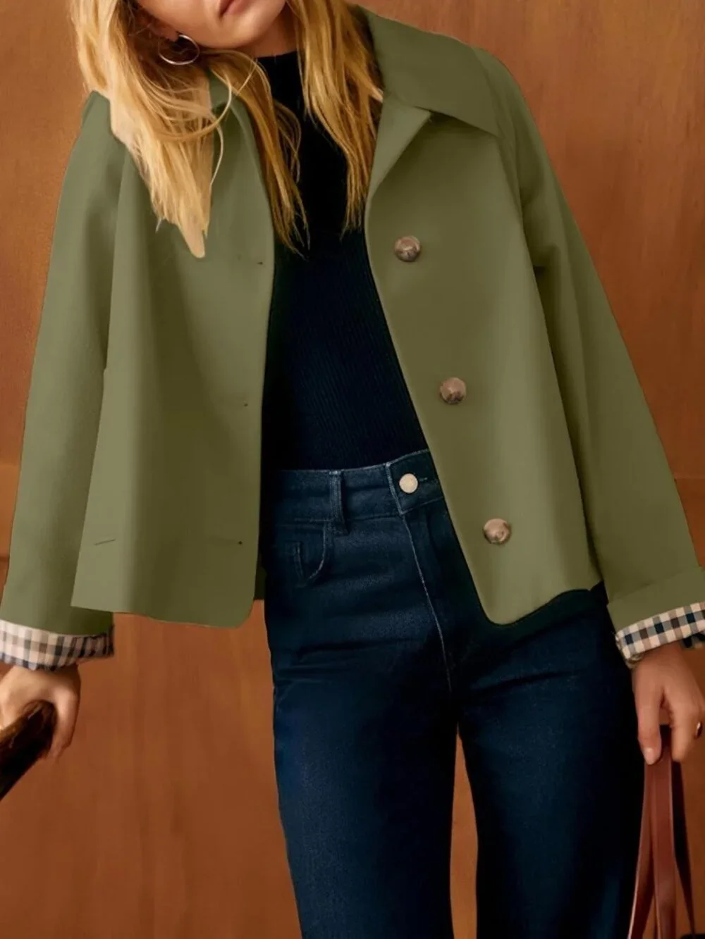 Women's Short Trench Jacket Plaid Lining Button Front with Pockets Olive Green